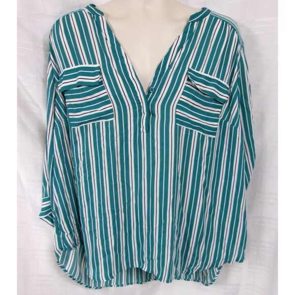 Torrid Drop Shoulder Button Down Shirt Size 3 Green White Striped - Picture 1 of 4